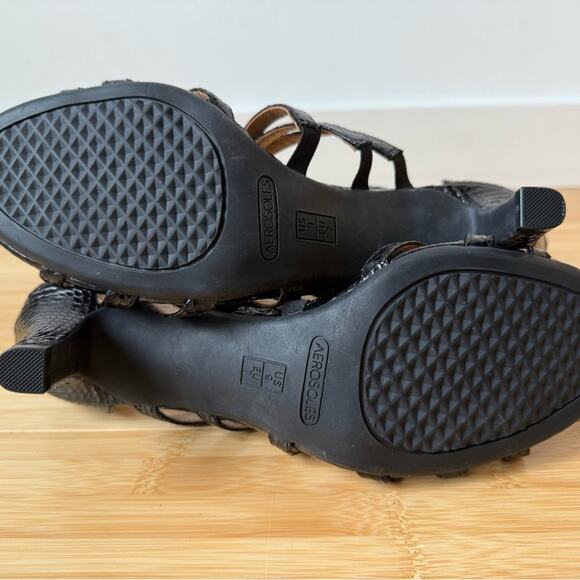 AEROSOLES PASSIONFRUIT SANDALS BLACK SNAKESKIN PATENT HEELS SIZE 9 - Picture 8 of 9